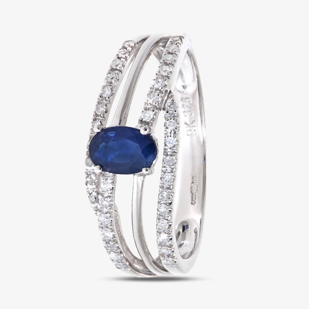 9ct White Gold Blue Oval Sapphire Three Row Cross Over Ring DR1109W SA N