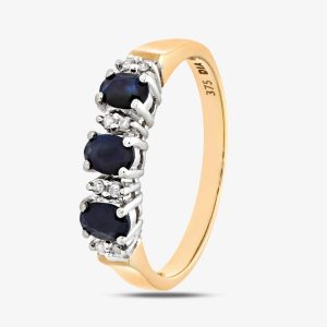 9ct Yellow Gold Three Oval Sapphire Stone 0.04 Diamond Half Ring PR06491Y SA P