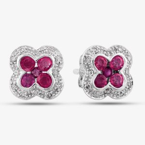 9ct White Gold Ruby and Diamond Quatrefoil Cluster Stud Earrings PE04942 RU
