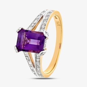 9ct Yellow Gold Rectangular Amethyst & Diamond Split Shoulder Ring PR06767Y AM P