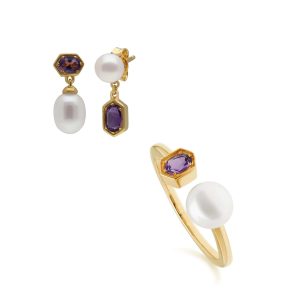 Trendy Pearl & Amethyst Earring & Ring Set in Gold Plated Silver