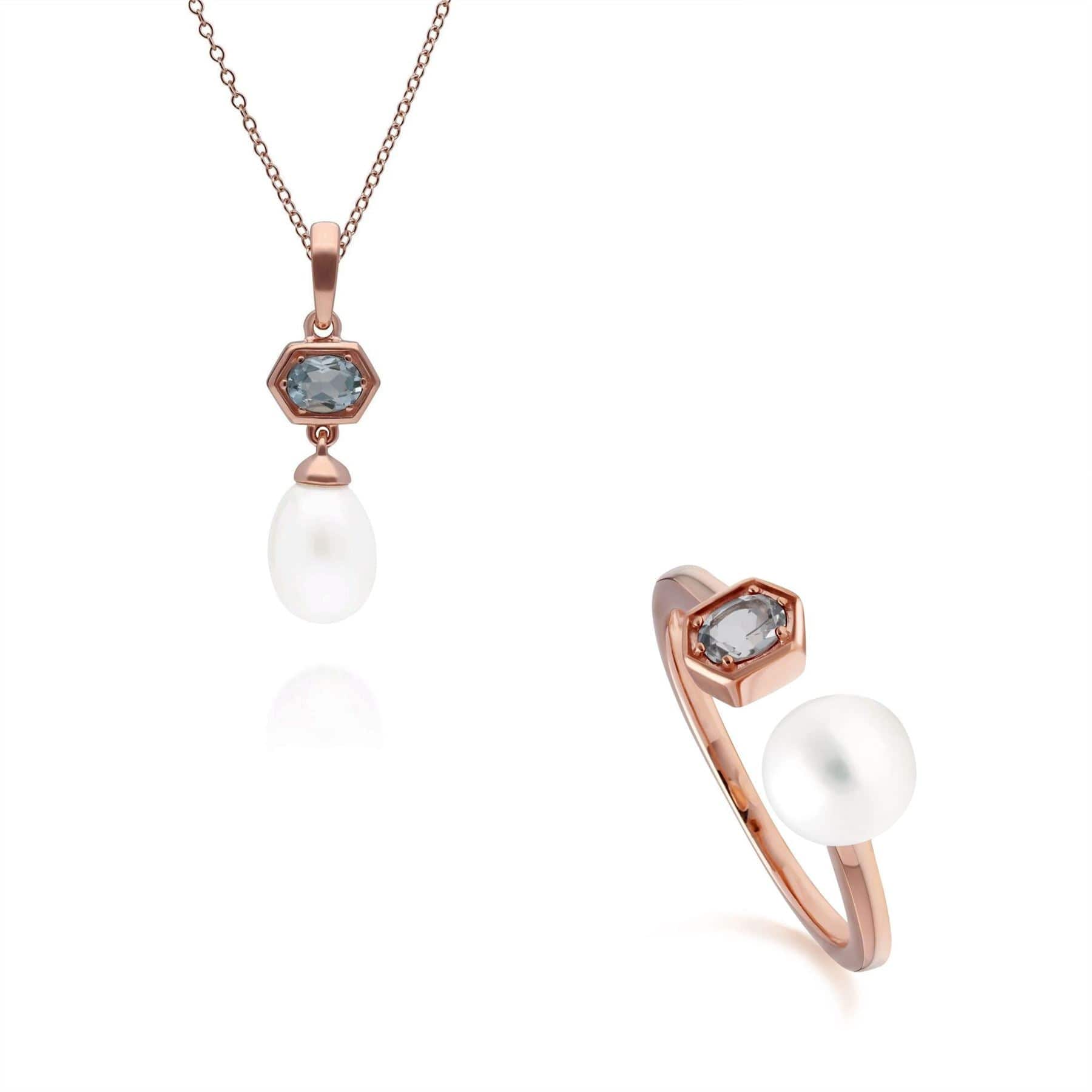 Fashionable Pearl & Aquamarine Pendant & Ring Set in Rose Gold Plated Silver