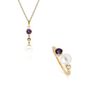Fashionable Pearl, Topaz & Amethyst Pendant & Ring Set in Gold Plated Silver