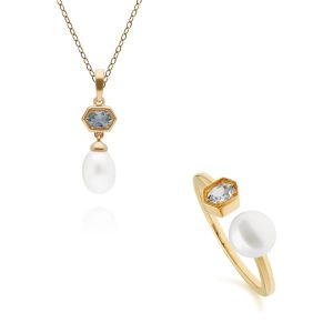 Trendy Pearl & Aquamarine Pendant & Ring Set in Gold Plated Silver
