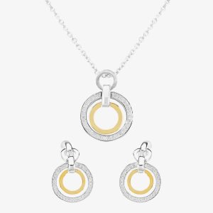 Two Tone Cubic Zirconia Double Open Circle Pendant and Earring Set SET12423