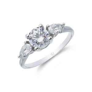 9ct White Gold Sensible and Pear Lower Cubic Zirconia 3 Stone Ring
