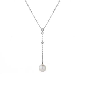 9ct White Gold Pearl And Diamond 0.08ct Lengthy Drop Pendant
