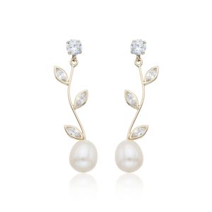 9ct Yellow Gold Cubic Zirconia and Pearl Stem Drop Earrings