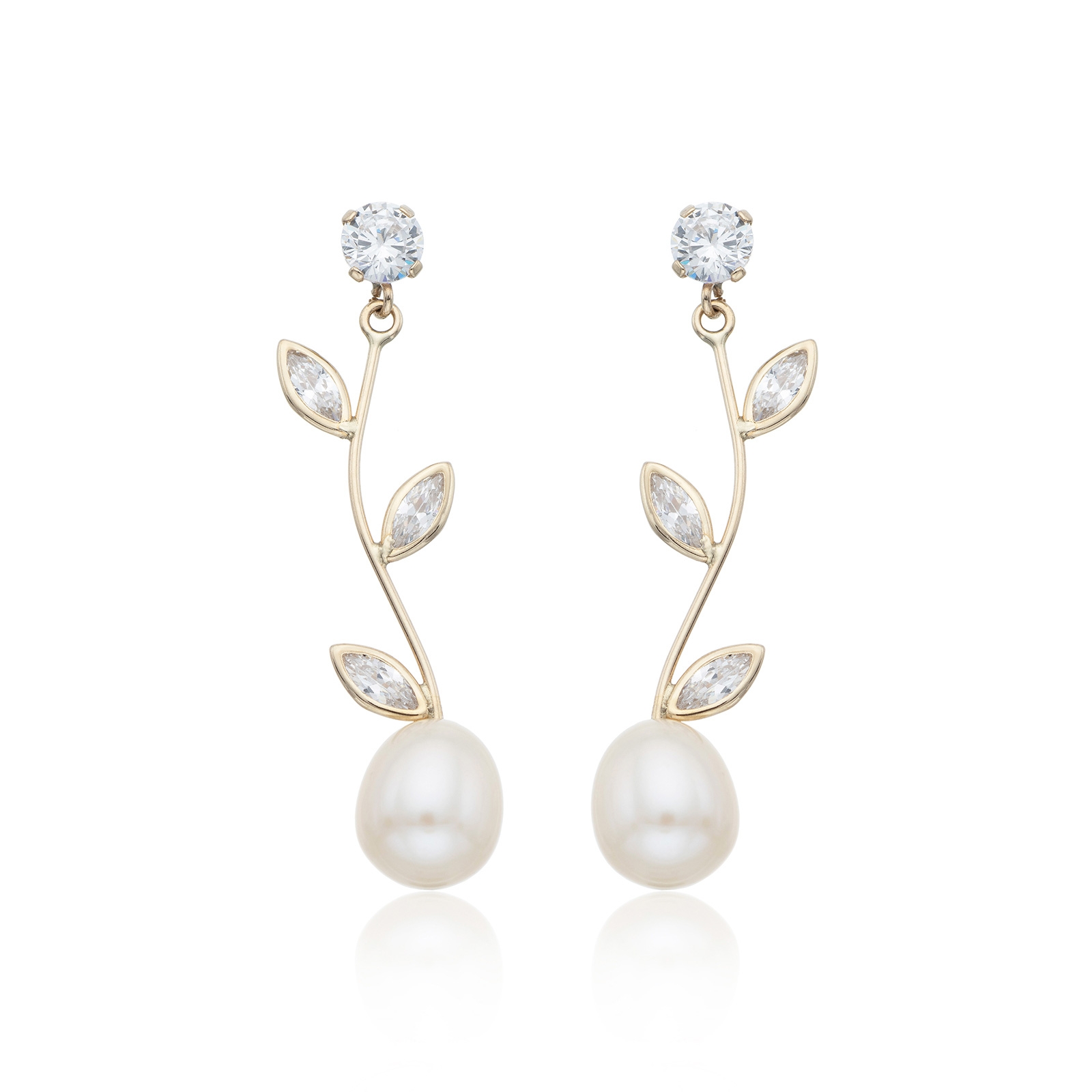 9ct Yellow Gold Cubic Zirconia and Pearl Stem Drop Earrings