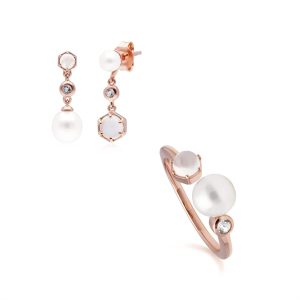 Fashionable Pearl, Moonstone & Topaz Earring & Ring Set in Rose Gold Plated Silver