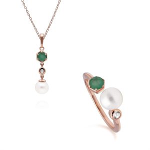 Trendy Pearl, Emerald & Topaz Pendant & Ring Set in Rose Gold Plated Silver