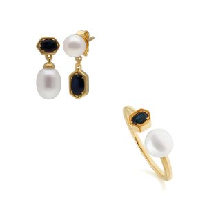 Trendy Pearl & Sapphire Earring & Ring Set in Gold Plated Silver