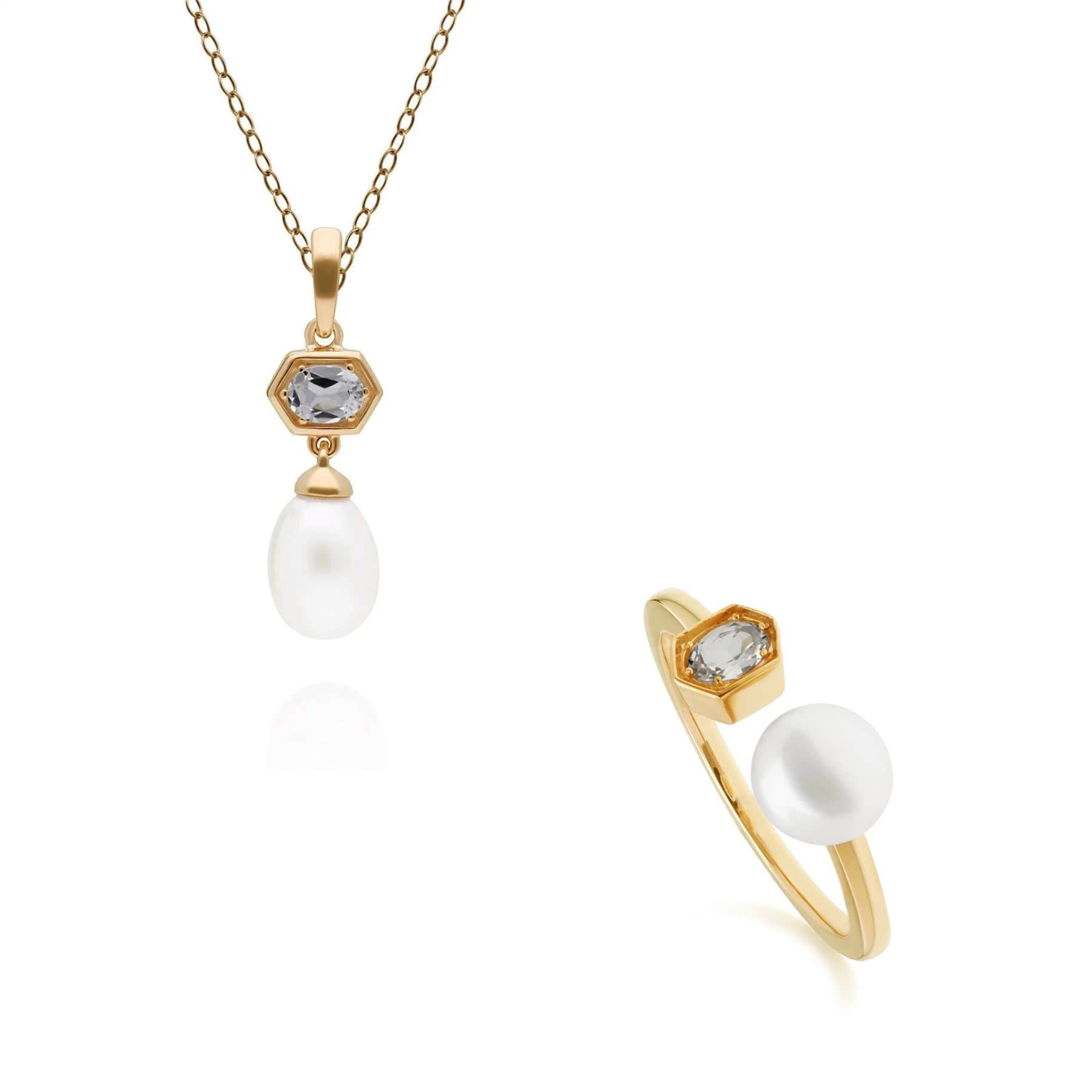 Trendy Pearl & Topaz Pendant & Ring Set in Gold Plated Silver