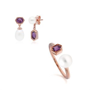 Trendy Pearl & Amethyst Earring & Ring Set in Rose Gold Plated Silver