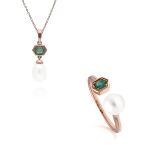 Trendy Pearl & Emerald Pendant & Ring Set in Rose Gold Plated Silver