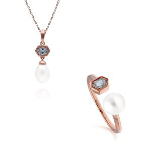 Trendy Pearl & Blue Topaz Pendant & Ring Set in Rose Gold Plated Silver