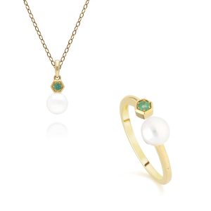 Trendy Pearl & Emerald Pendant & Ring Set in 9ct Gold