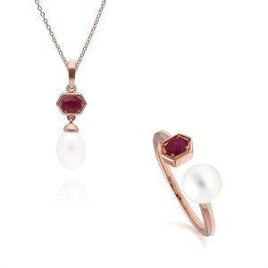 Fashionable Pearl & Ruby Pendant & Ring Set in Rose Gold Plated Silver