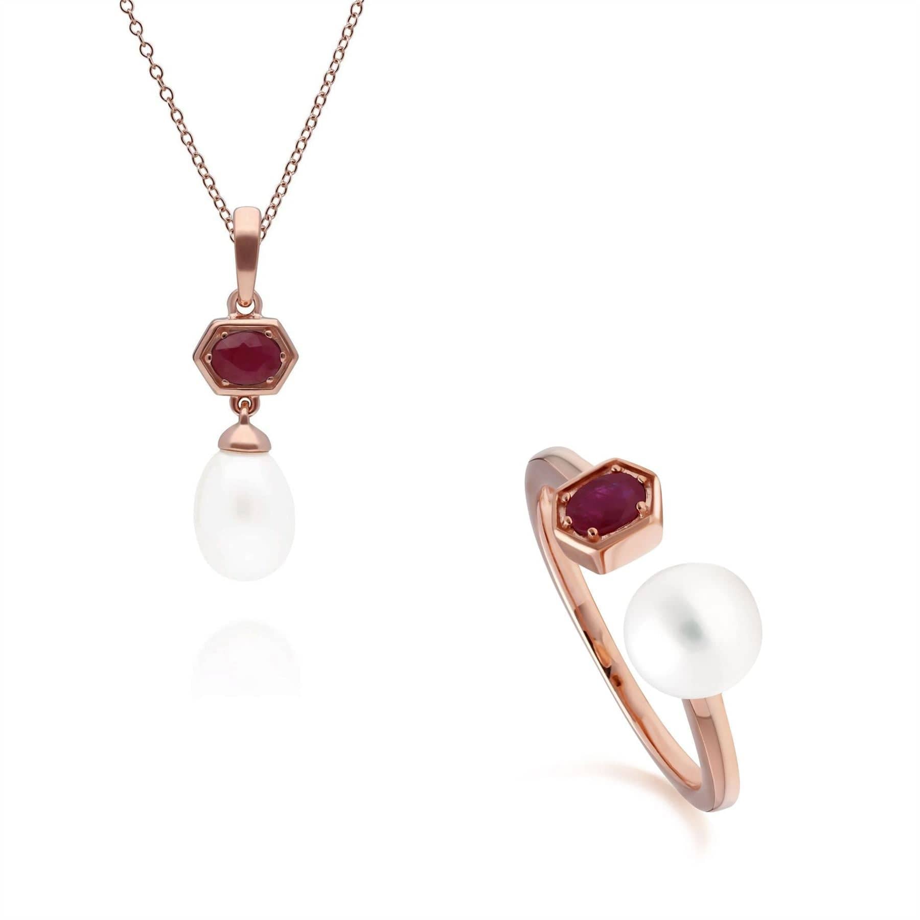 Trendy Pearl & Ruby Pendant & Ring Set in Rose Gold Plated Silver