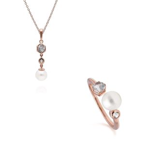 Trendy Pearl & White Topaz Pendant & Ring Set in Rose Gold Plated Silver