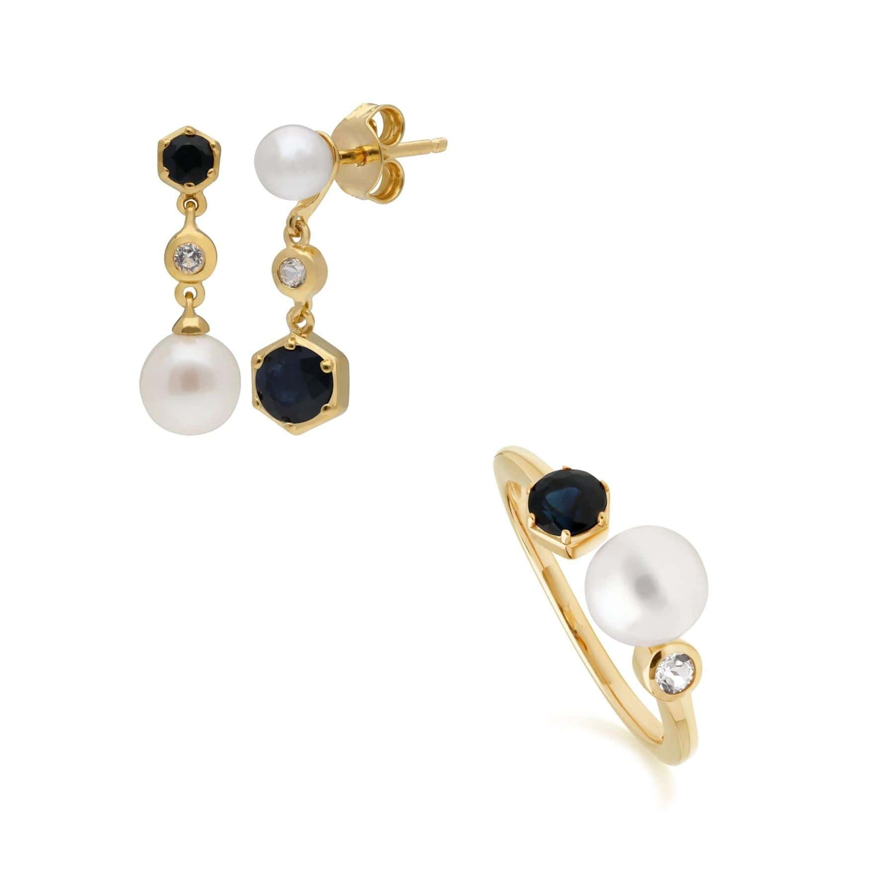 Trendy Pearl, Sapphire & Topaz Ring & Earring Set In Gold Plated Sterling Silver