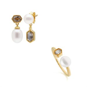 Trendy Pearl & Topaz Earring & Ring Set in Gold Plated Silver