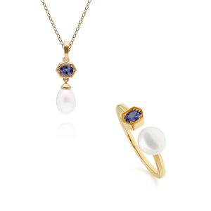 Trendy Pearl & Tanzanite Pendant & Ring Set in Gold Plated Silver