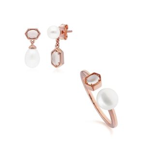 Trendy Pearl & Moonstone Earring & Ring Set in Rose Gold Plated Silver
