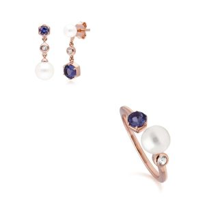 Fashionable Pearl, Tanzanite & Topaz Earring & Ring Set in Rose Gold Plated Silver