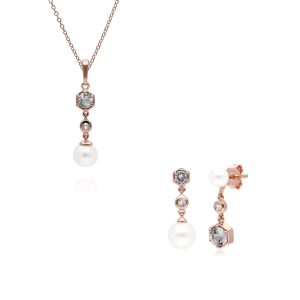 Trendy Pearl & White Topaz Pendant & Earring Set in Rose Gold Plated Silver