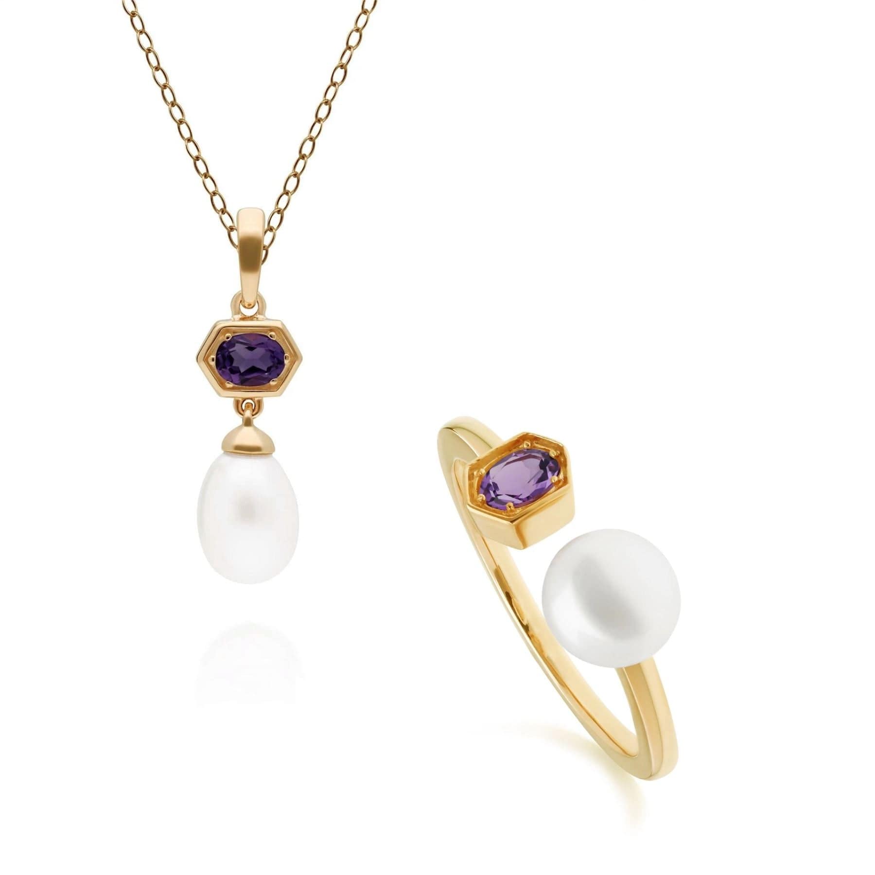 Fashionable Pearl & Amethyst Pendant & Ring Set in Gold Plated Silver