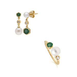 Fashionable Pearl, Topaz & Emerald Earring & Ring Set in Gold Plated Silver