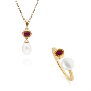 Trendy Pearl & Ruby Ring & Pendant Set in Gold Plated Silver