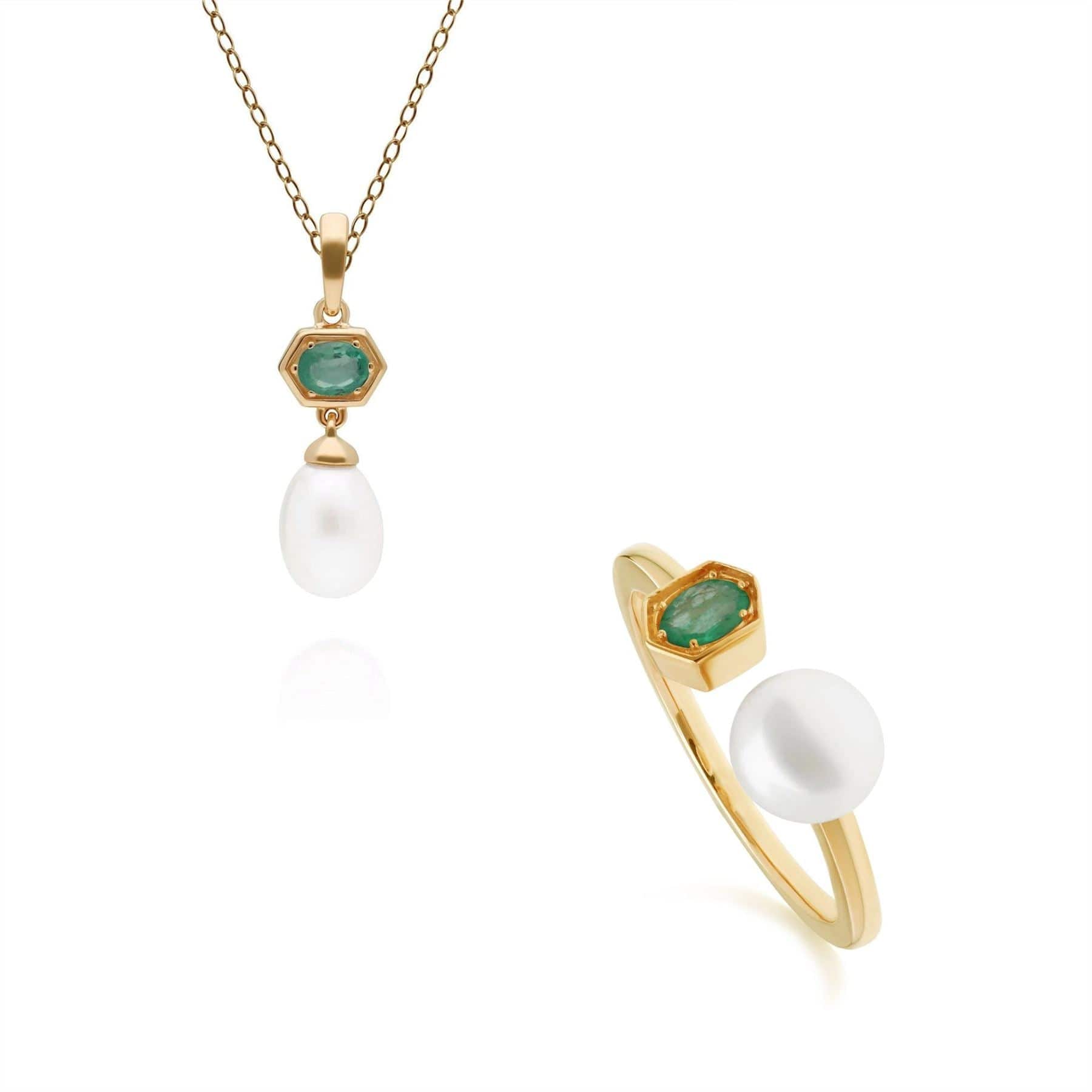 Fashionable Pearl & Emerald Pendant & Ring Set in Gold Plated Silver