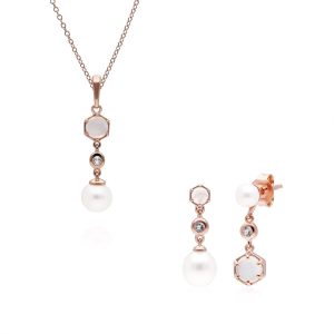 Fashionable Pearl, Moonstone & Topaz Pendant & Drop Earring Set in Rose Gold Plated Silver