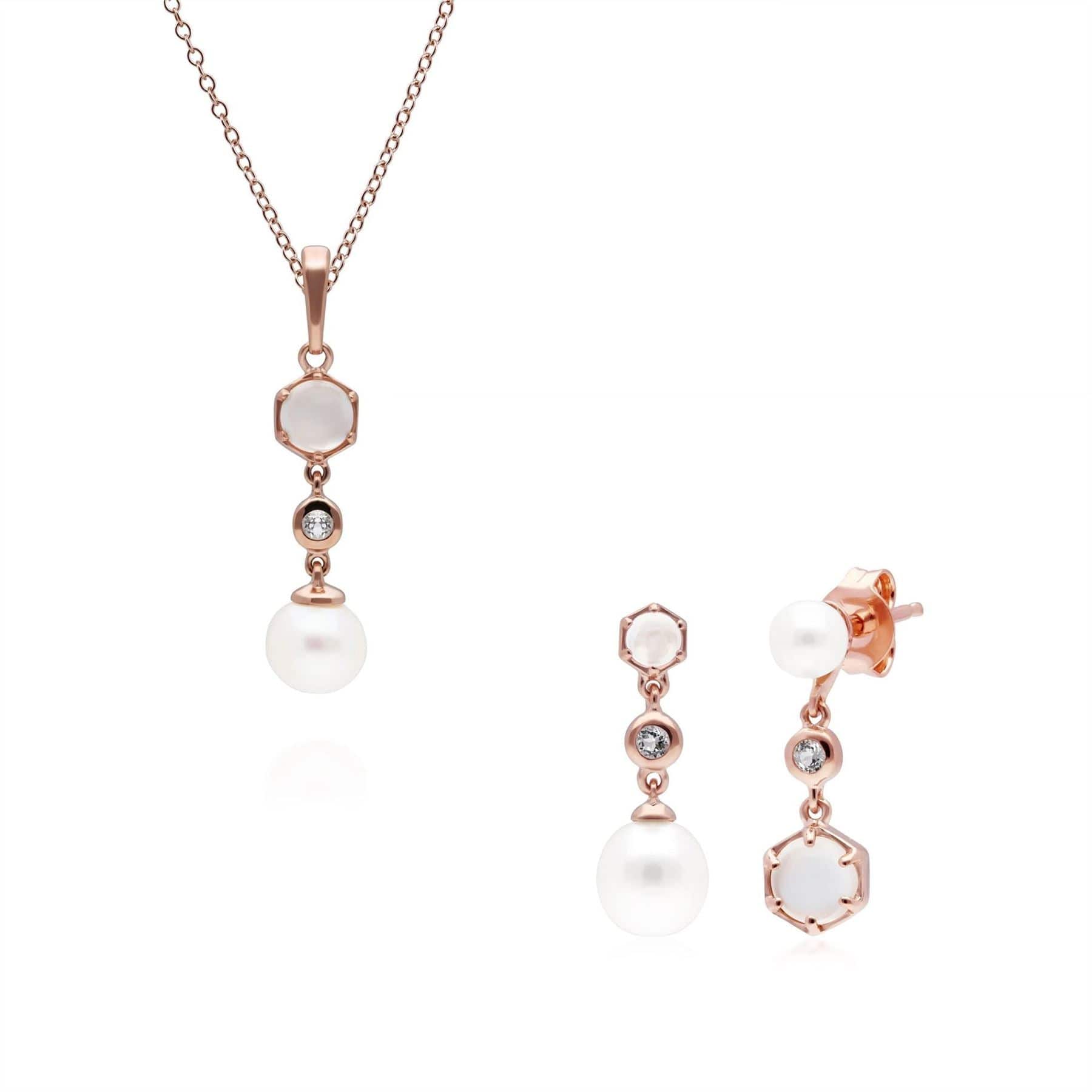 Fashionable Pearl, Moonstone & Topaz Pendant & Drop Earring Set in Rose Gold Plated Silver