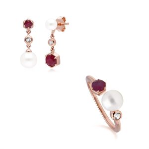 Trendy Pearl, Ruby & Topaz Earring & Ring Set in Rose Gold Plated Silver