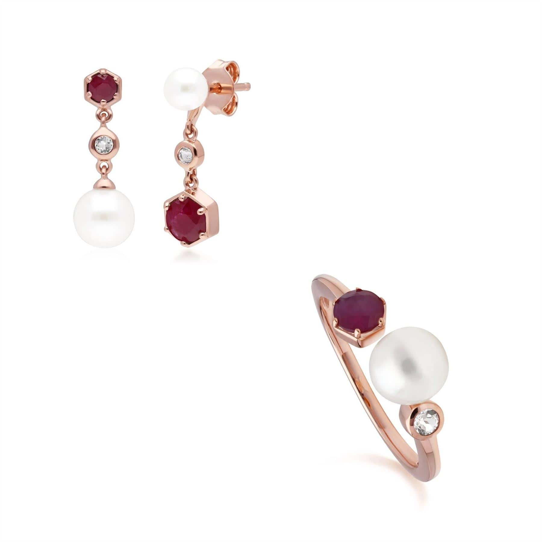 Trendy Pearl, Ruby & Topaz Earring & Ring Set in Rose Gold Plated Silver