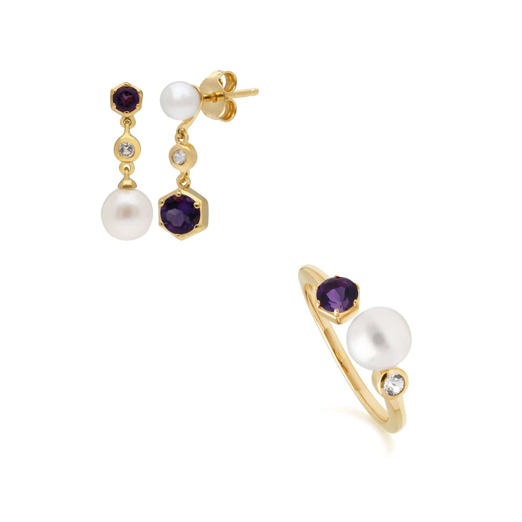 Trendy Pearl, Topaz & Amethyst Earring & Ring Set in Gold Plated Silver