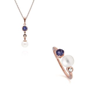 Trendy Pearl, Tanzanite & Topaz Pendant & Ring Set in Rose Gold Plated Silver