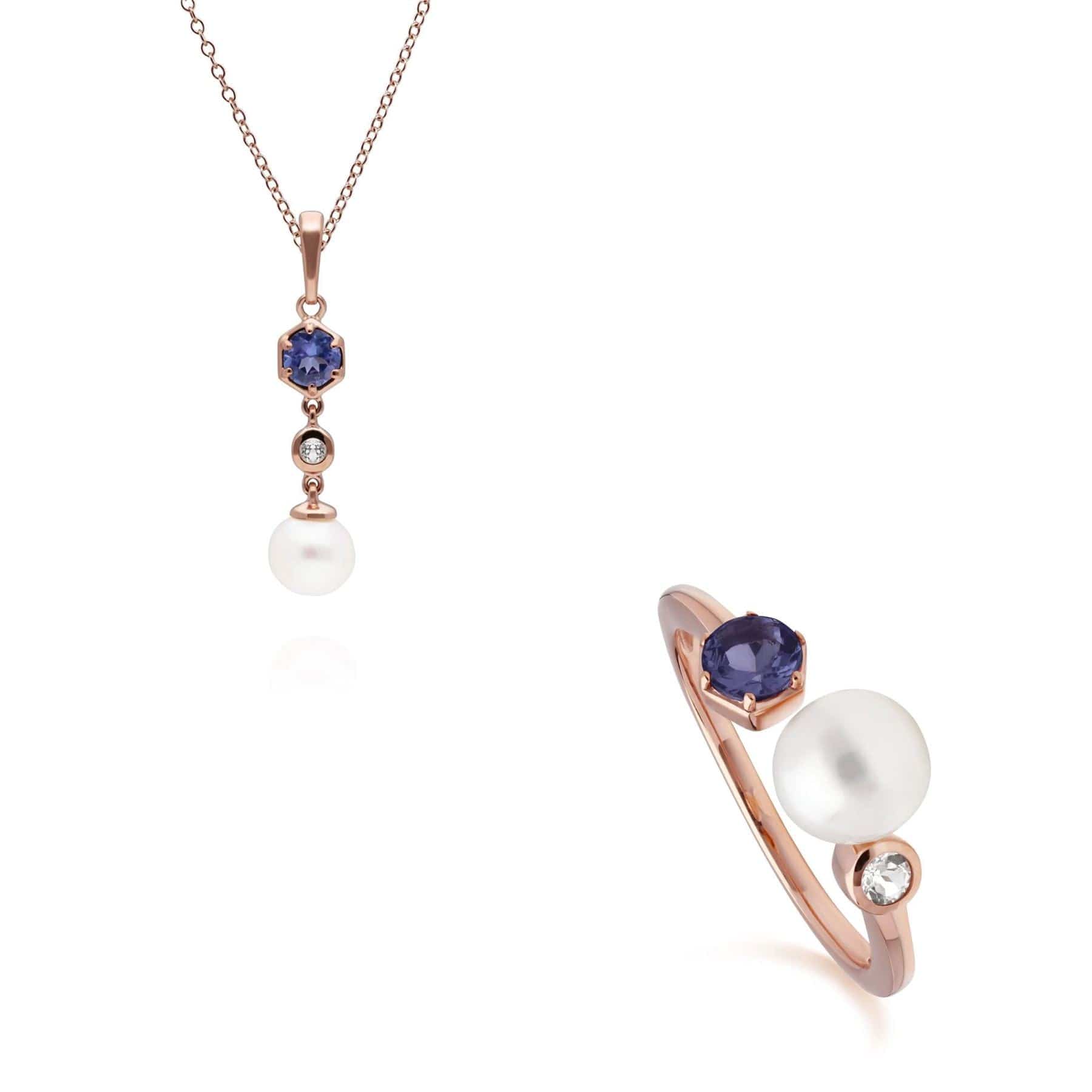Trendy Pearl, Tanzanite & Topaz Pendant & Ring Set in Rose Gold Plated Silver