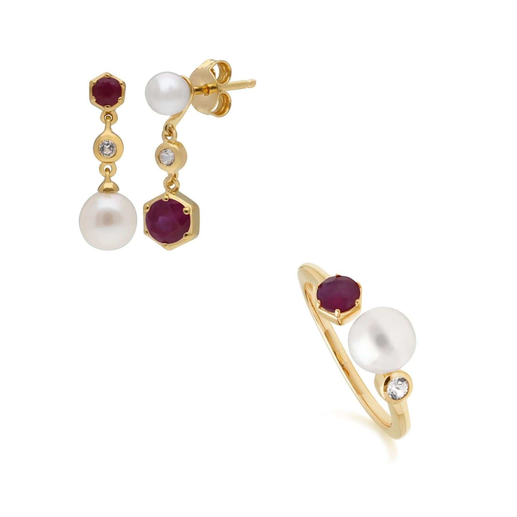 Fashionable Pearl, Topaz & Ruby Earring & Ring Set in Gold Plated Silver