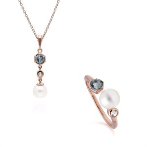 Trendy Pearl & Topaz Pendant & Ring Set in Rose Gold Plated Sterling Silver