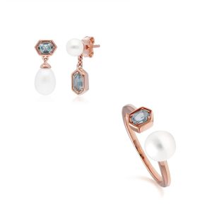 Trendy Pearl & Blue Topaz Earring & Ring Set in Rose Gold Plated Silver
