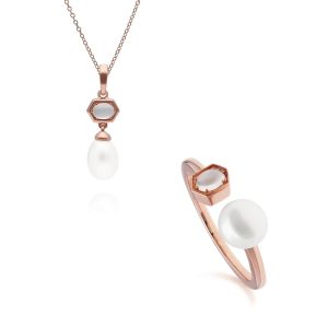 Fashionable Pearl & Moonstone Pendant & Ring Set in Rose Gold Plated Silver