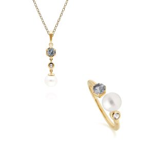 Trendy Pearl, Topaz & Aquamarine Ring & Pendant Set in Gold Plated Silver