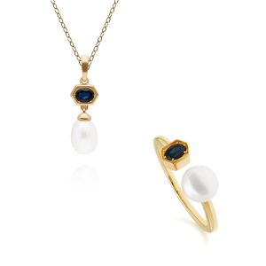 Fashionable Pearl & Sapphire Pendant & Ring Set in Gold Plated Silver