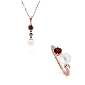 Trendy Pearl, Garnet & Topaz Pendant & Ring Set in Rose Gold Plated Silver