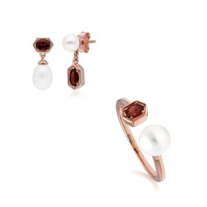 Trendy Pearl & Garnet Earring & Ring Set in Rose Gold Plated Silver