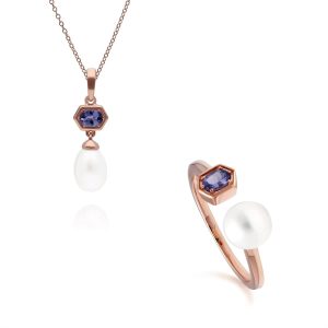 Fashionable Pearl & Tanzanite Pendant & Ring Set in Rose Gold Plated Silver
